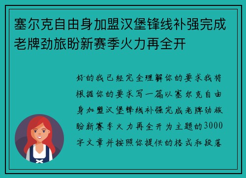 塞尔克自由身加盟汉堡锋线补强完成老牌劲旅盼新赛季火力再全开