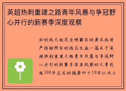 英超热刺重建之路青年风暴与争冠野心并行的新赛季深度观察